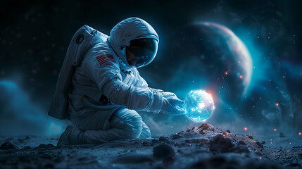 Astronaut Interacting with Holographic Planet, Cosmic Exploration - obrazy, fototapety, plakaty