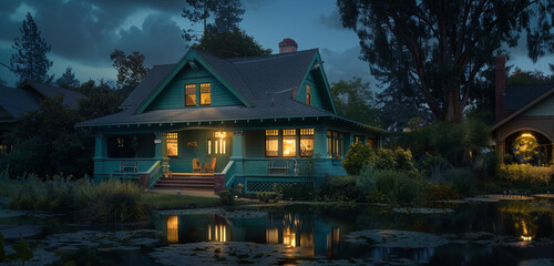 The tranquility of suburban night, a deep turquoise Craftsman style house standing quiet, the silence only broken by the occasional night breeze, peaceful and restful - obrazy, fototapety, plakaty