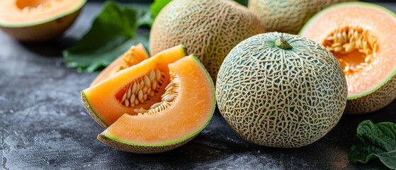   A cluster of cantaloupes resting atop a table, alongside a verdant foliage plant