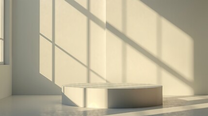 Fototapeta premium Empty simple background for presentation with wall and podium. Sunlight from the window casts a shadow on light wall.