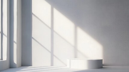 Obraz premium Empty simple background for presentation with wall and podium. Sunlight from the window casts a shadow on light wall.