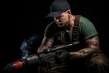 Fototapeta premium Industrial worker using high-tech welding torch with sparks flying in controlled environment, showcasing precision in metalworking industry with advanced technology and safety measures.