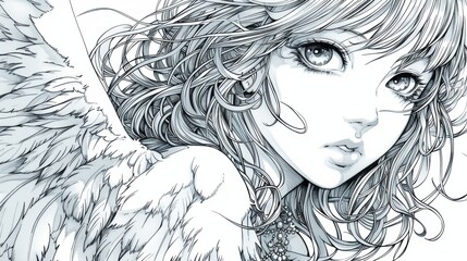 Line art drawing of a cartoon angel portrait