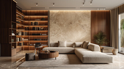A warm living room adorned with a beige marble wall, beside a rustic cherry wood bookcase that extends to the ceiling, highlighted by custom LED lighting fixtures. 