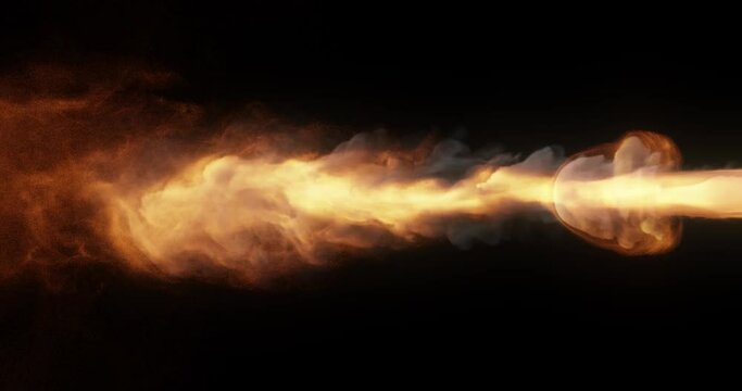 Dynamic and intense fire jet, bright, glowing core with tendrils of flames and smoke billowing outwards. isolated on black for overlay VFX. 3D render, 4K loop