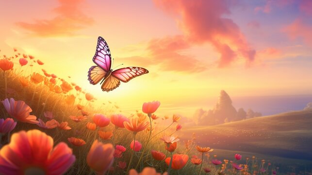 Beautiful wild flowers with butterfly spring meadow and golden sunset view background.