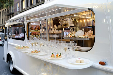 A pearl white food truck at a chic city wedding, its interior elegantly designed to serve gourmet appetizers and champagne. 