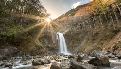 kikuchi valley waterfall and ray in forest japan