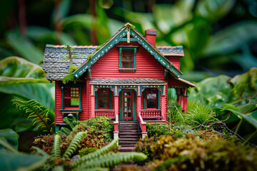 Fototapeta na wymiar A vibrant red miniature house with craftsman-style details, nestled against a backdrop of lush greenery.