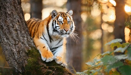 young amur tiger panthera tigris playing in the forest a large feline beast climbs a tree siberian big cat in environment tiger in nature forest habitat - obrazy, fototapety, plakaty