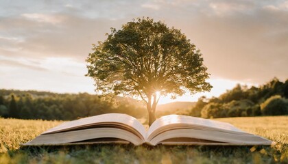 open book with magical green tree and nature background generative ai
