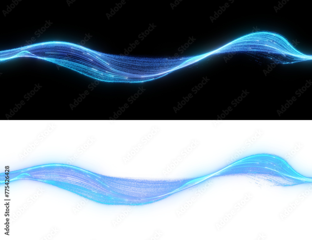 Poster luminescent blue threads isolated on black and transparent background, simulating the pulsating rhyt