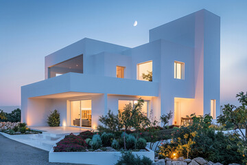 A luminous white home with organic landscaping under the early evening sky, reflecting a serene and minimalist lifestyle.