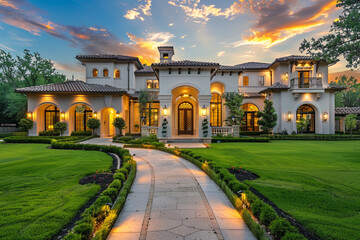 Front view of a grand luxury home with a lush green yard, inviting walkway to the ornate porch, showcasing architectural design at sunset.