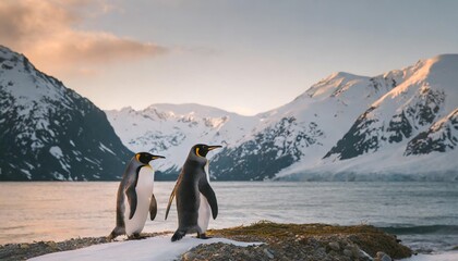 two penguins against the backdrop of beautiful snowy mountains and the sea desktop screensaver