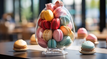 Easter egg-shaped macarons in a bakery display
