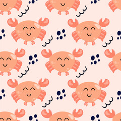 Vector seamless pattern with crabs. Trendy pattern of crabs for wrapping paper, wallpaper, stickers, notebook cover. Cute sea animals flat pattern.