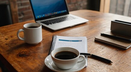 A laptop, coffee cup, and phone placed on a wooden table, creating a cozy and productive workspace highlight

