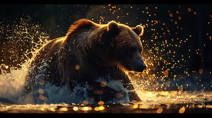 a majestic grizzly bear in the midst of splashing water - obrazy, fototapety, plakaty