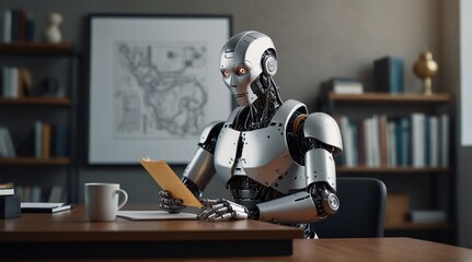Robot sitting at the table reading a book