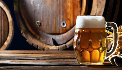 A mug of cold beer sits beside a wooden barrel on a table.