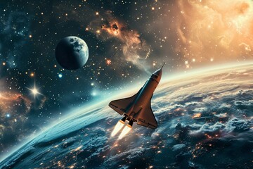 a space shuttle flying in space - obrazy, fototapety, plakaty
