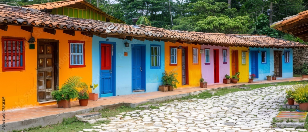 Poster multicolored houses on cobblestone path, trees in background