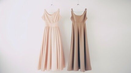 A stylish lineup of chic summer dresses in soft pastel shades, each dress eleg