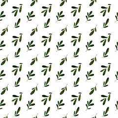 pomegranate leaves seamless white pattern. Simple watercolor green fruit leaf drawing for textile. Design background for cosmetics, spa, pomegranate juice, health care products, perfume