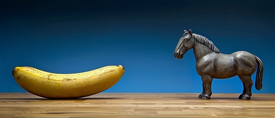  A statue of a horse standing beside a banana on a wooden table against a blue backdrop