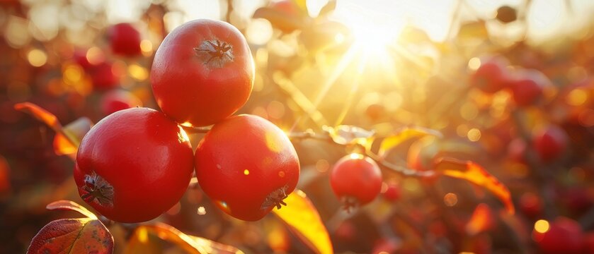   A detailed image of several ripe tomatoes hanging from tree limbs, illuminated by the bright sunlight filtering through the foliage behind them