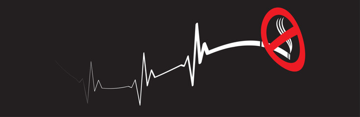 No smoking sign concept with ekg ecg heartbeat design. Smoking causes heart disease vector illustration with cigarette and heartbeat monitor design. 