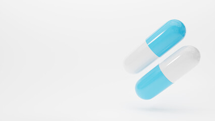 Falling blue and white pills capsule on white background. 3D rendered banner.