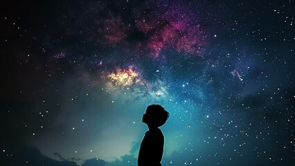 Starry Dreams: Young Boy Silhouetted Against the Subtle Night Sky