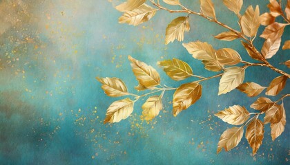 grunge gold leaves tree branch on blue teal textured background golden cold colors nature plant art...