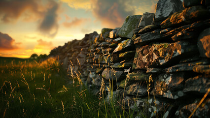 Evening Elegance: Beautiful Sunset Behind a Stone Wall with Grass