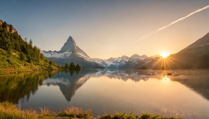 colorful summer sunrise on the lac blanc lake with mont blanc monte bianco on background - obrazy, fototapety, plakaty