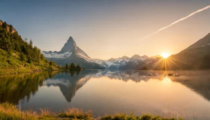 Foto auf Acrylglas Mont Blanc colorful summer sunrise on the lac blanc lake with mont blanc monte bianco on background