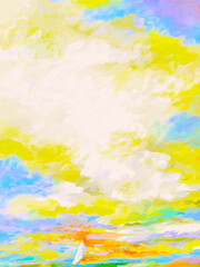 Fototapeta na wymiar Impressionistic Journey - Sailboat Seascape or Cloudscape w/Sunset or Sunrise in Vibrant Colors - Artwork, Illustration, Digital Painting, Art, Design in Yellow, Blue, Purple, Coral or Orange, & Green