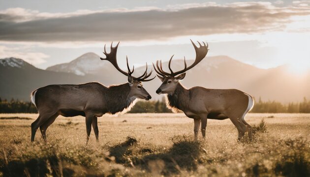 two majestic deer their antlers locked in a fierce dispute stand against the backdrop of a vast outdoor landscape embodying the primal nature of animal conflict