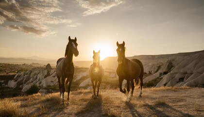 free horses left to nature at sunset cappadocia turkey