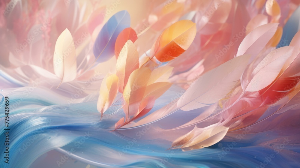 Poster A close up of a painting with many colorful feathers. Generative AI.