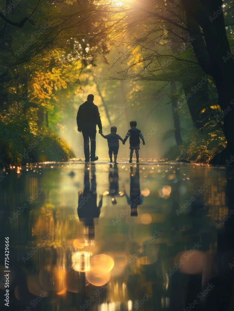 Poster a man and two children walking down a path in the woods. generative ai.