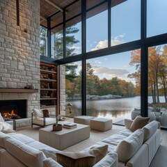 A living room with a fireplace and large windows overlooking the water. Generative AI.