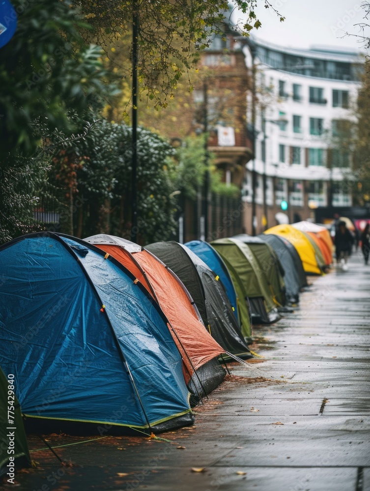 Poster a row of tents lined up on a sidewalk next to buildings. generative ai.