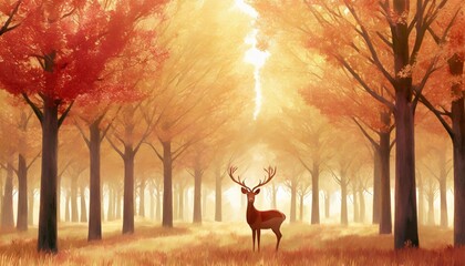 abstract nature background illustration art with red trees forest and deer