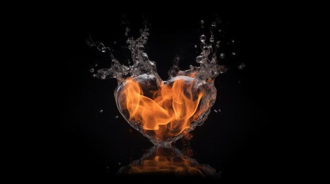 Fototapeta Heart made of water surrounded by fire, symbol of passion and motivation on black background, no text, no inscriptions, no advertising ::3 --ar 16:9 --quality 0.5 --stylize 0 --v 5.2 Job ID: 18c266fe