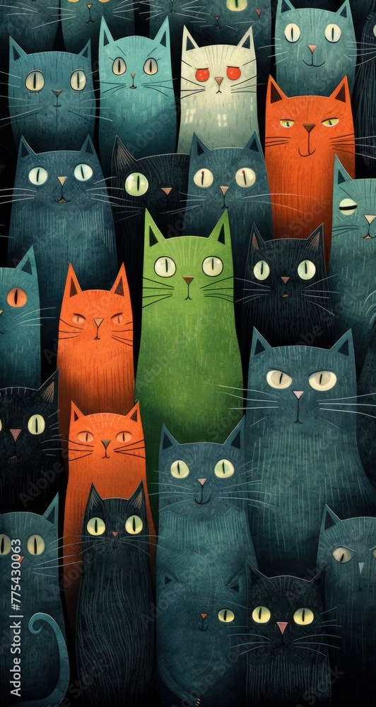 Poster a large group of cats with different colored eyes and ears. generative ai.