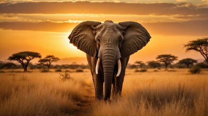 An elephant walking through a field at sunset with the sun behind it. Generative AI. - obrazy, fototapety, plakaty
