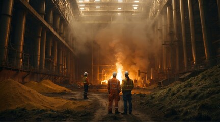 Three people standing in a factory with smoke coming out of the building. Generative AI.